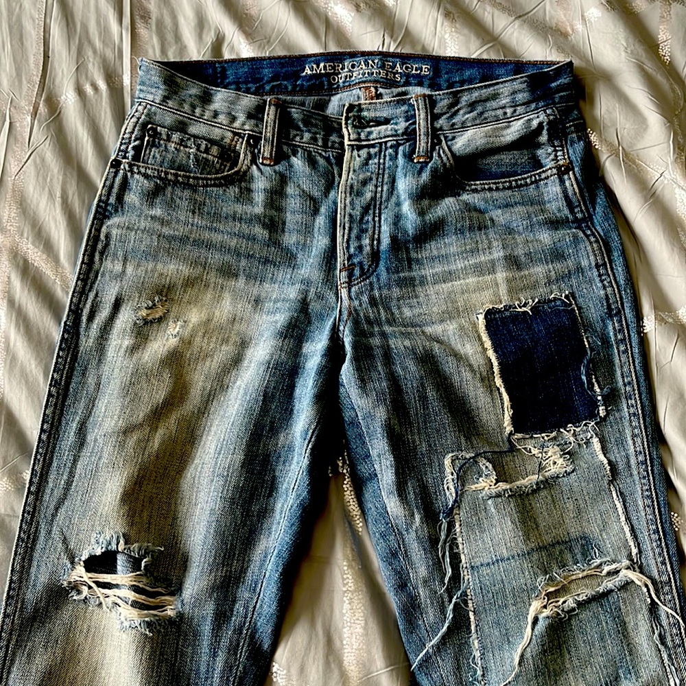 Wide leg patched and distressed American eagle jeans